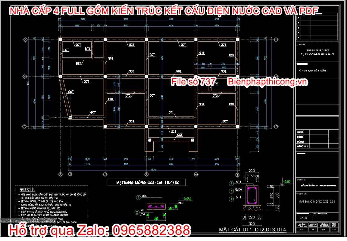 Bản vẽ thiết kế giằng móng nhà cấp 4 4 phòng ngủ đẹp.