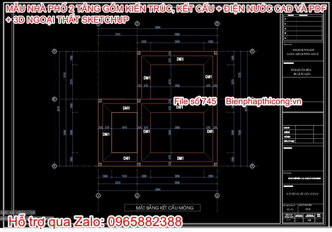 Download bản vẽ móng nhà phố 2 tầng ngang 8,5m.