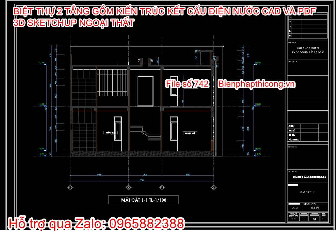 File dwg biệt thự 2 tầng rộng 9m x 12,5m.