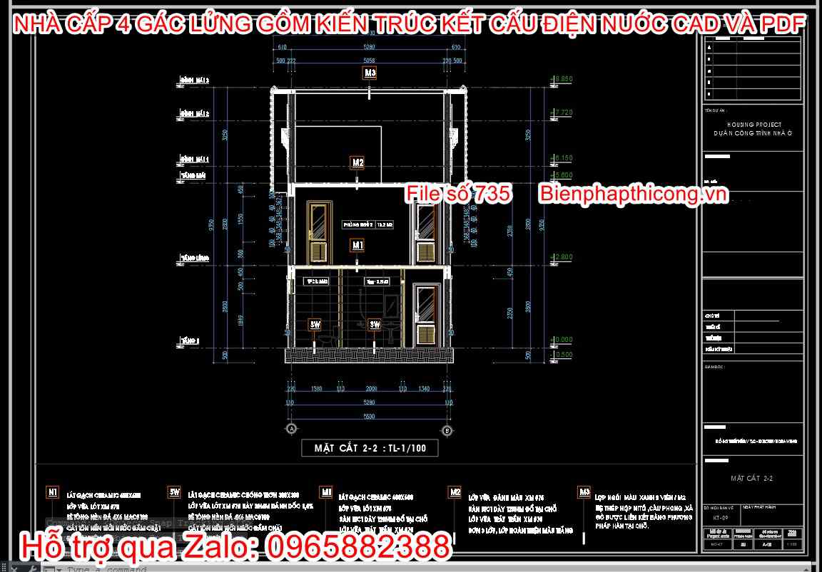 Mặt cắt mẫu nhà cấp 4 gác lửng 3 ngủ cad.