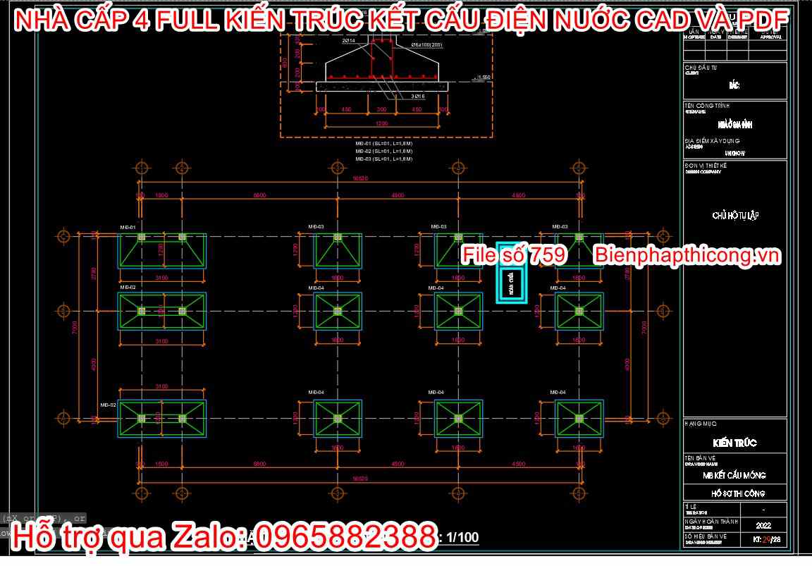 Bản vẽ mặt bằng móng nhà cấp 4 3 ngủ 7m x 17m.