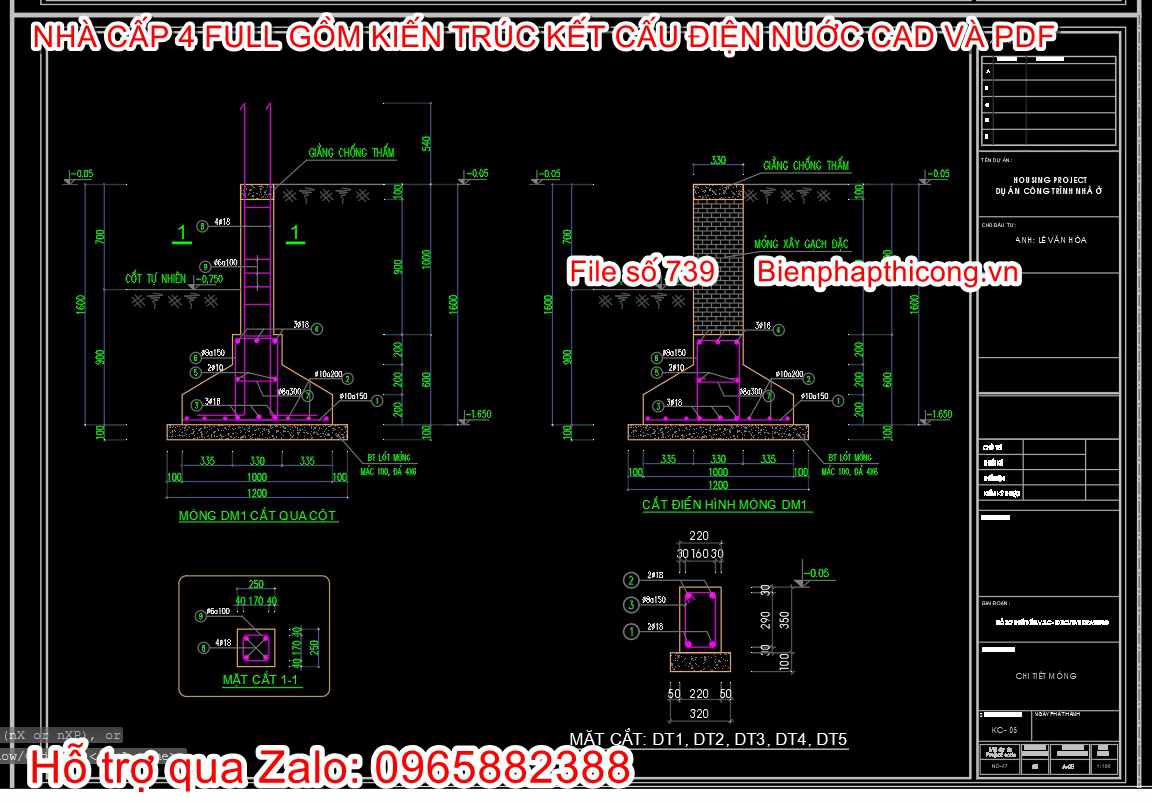 Bản vẽ móng nhà cấp 4 rộng 10,5m đẹp.