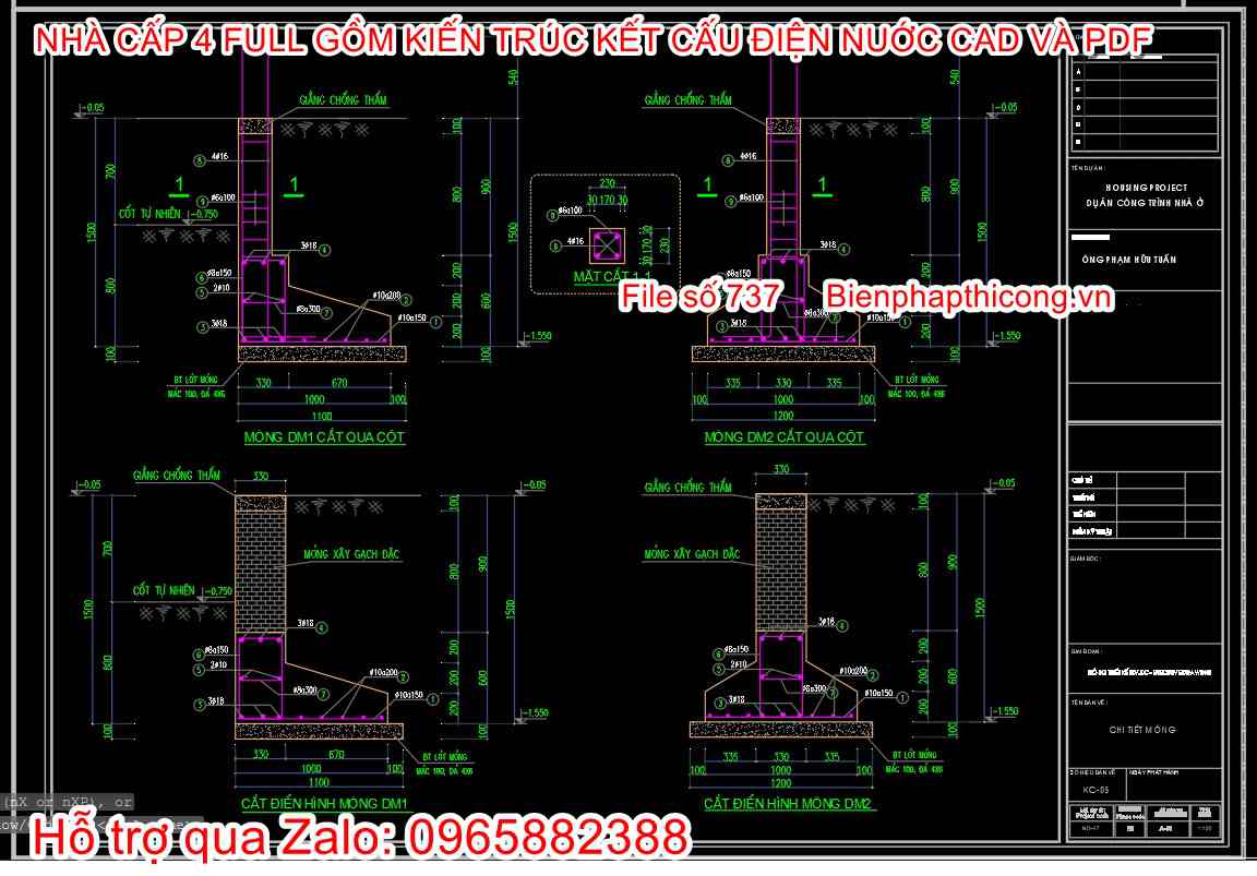 Bản vẽ thiết kế chi tiết móng nhà cấp 4 sân vườn.