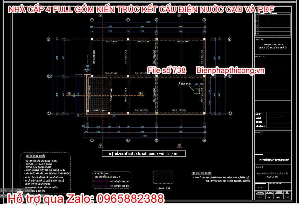 Bản vẽ thiết kế dầm sàn mái cad nhà cấp 4.