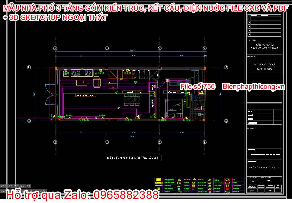 Bản vẽ thiết kế điện nước nhà phố 3 tầng.