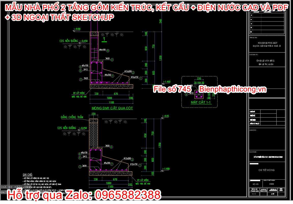 Bản vẽ thiết kế móng băng nhà phố 2 tầng 8,5m x9m.