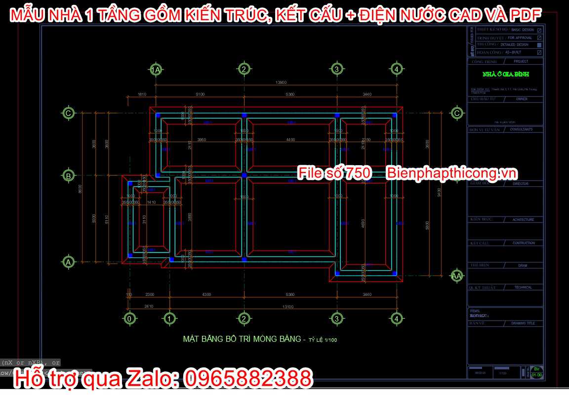 Bản vẽ thiết kế móng nhà cấp 4 file pdf làm cấp phép xây dựng.