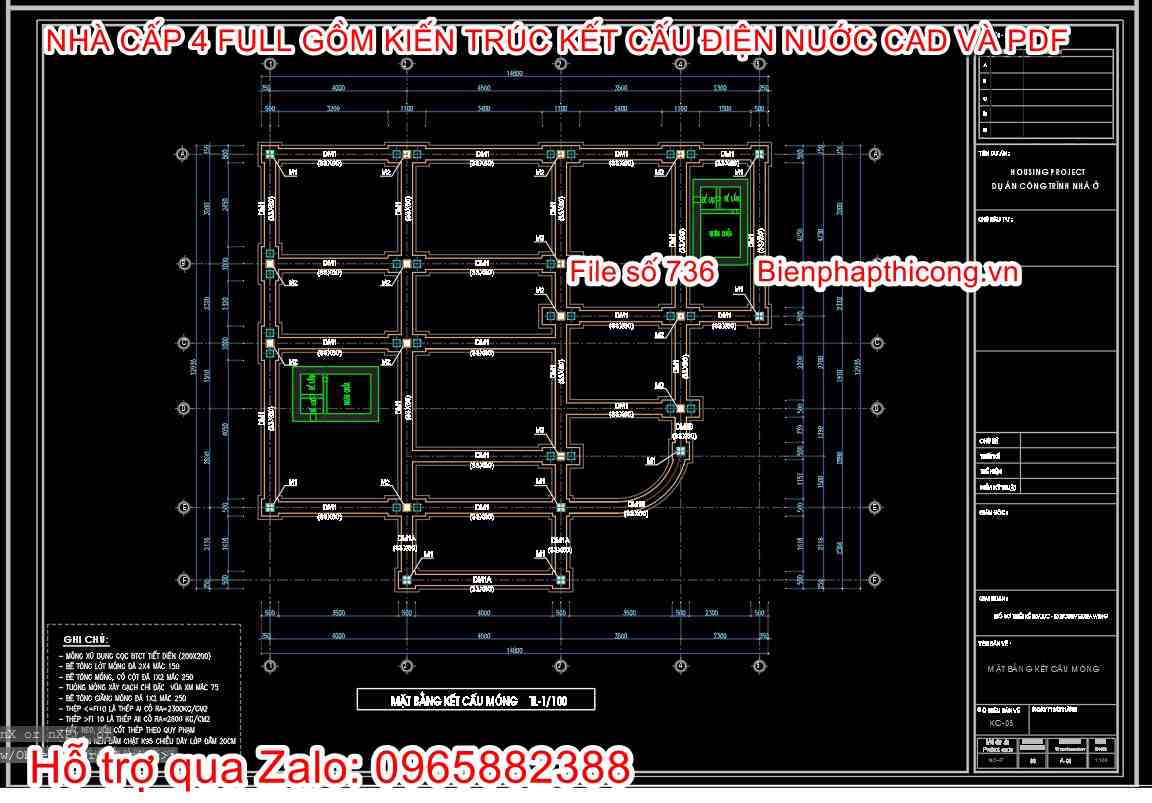 Bản vẽ thiết kế phần móng cọc nhà cấp 4 mái thái.