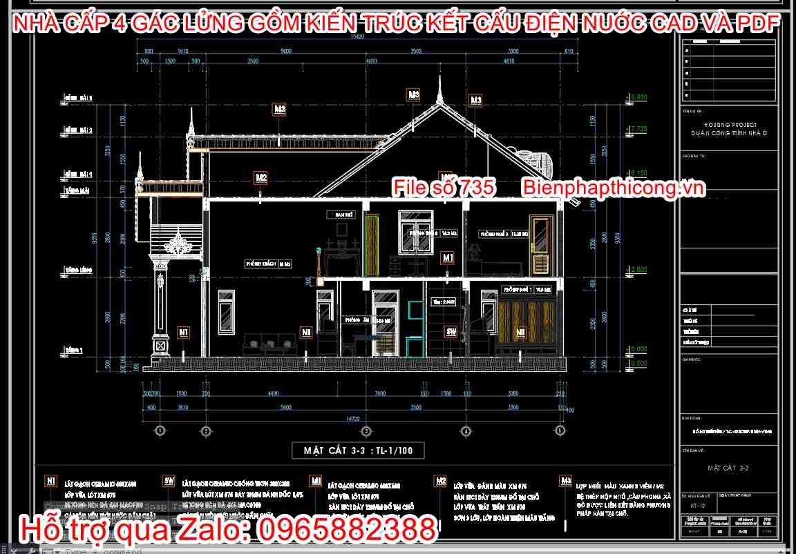 File dwg mặt cắt nhà cấp 4 mái thái 3 ngủ 5,5m.