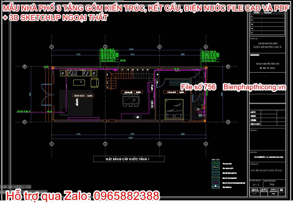 Bản vẽ cấp thoát nước nhà phố 3 tầng đẹp.