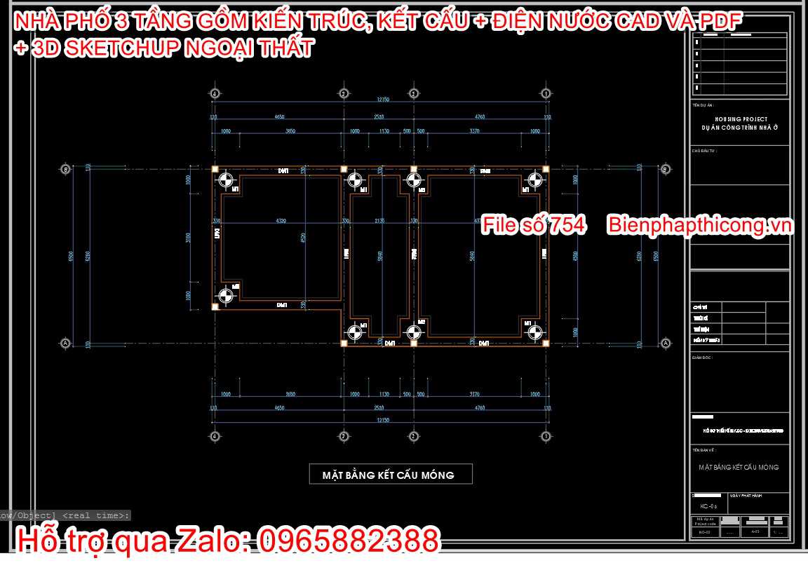 Bản vẽ kết cấu móng nhà phố 3 tầng 6,5m x 12m.