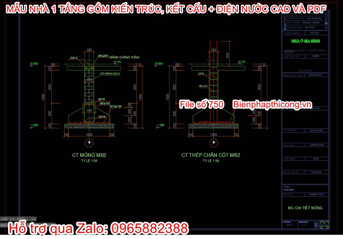 Bản vẽ móng cốc nhà 1 tầng mái nhật 9,5m x 15m đẹp.