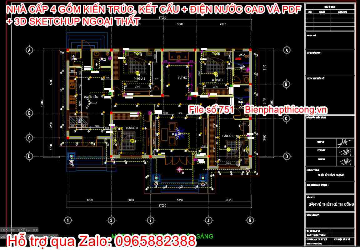 Bản vẽ phần điện nước nhà cấp 4 1 tầng 4 ngủ.