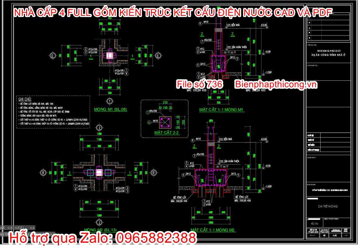 Bản vẽ thiết kế chi tiết móng cọc nhà cấp 4 đẹp.