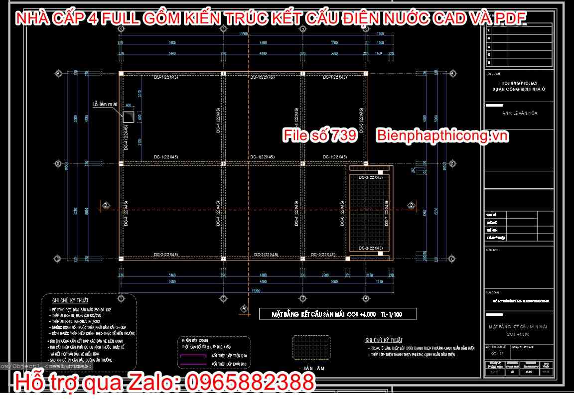 Bản vẽ thiết kế dầm sàn mái ngang 10,5m đẹp.