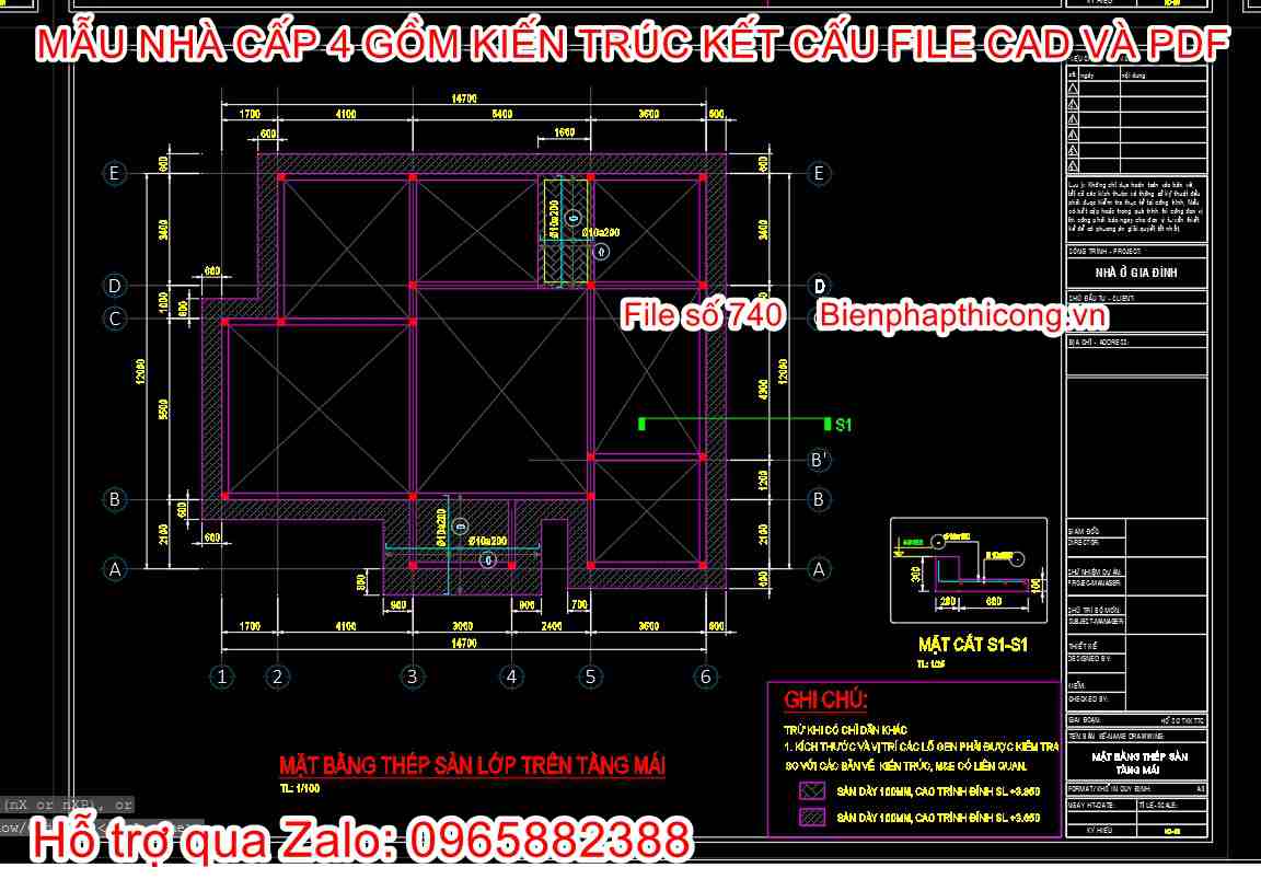 Bản vẽ thiết kế thép sàn phần mái nhà cấp 4 3 ngủ.
