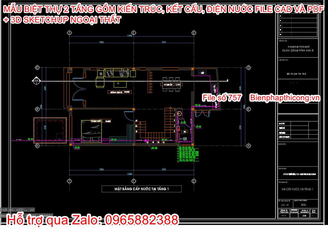 Bản vẽ thoát nước biệt thự 2 tầng mái nhật 7m x 11m.