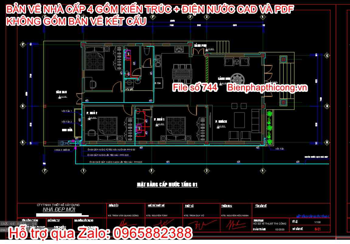 Hố sơ bản vẽ cad nhà cấp 4 3 ngủ 7,4m.