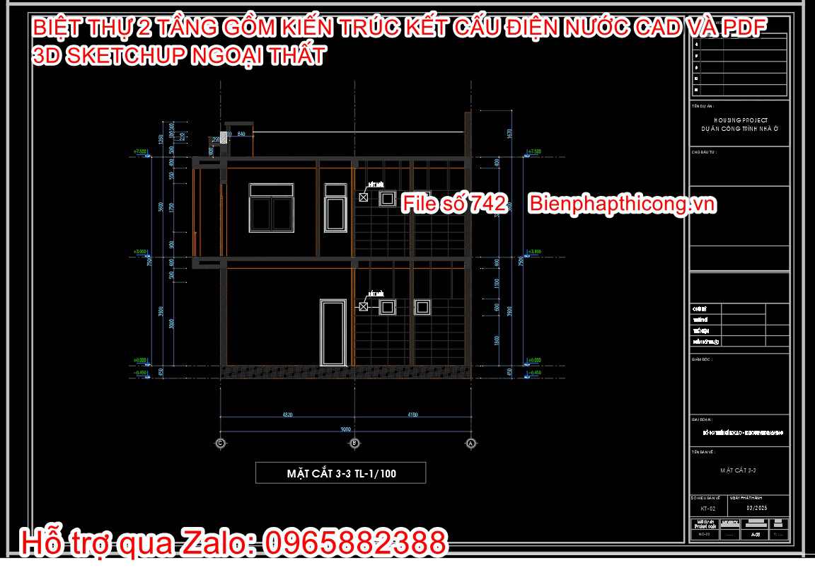 Tải bản vẽ thiết kế biệt thự 2 tầng 9m x 12,5m.