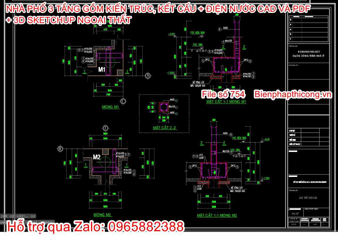 Bản vẽ chi tiết móng nhà phố 3 tầng đẹp 6,5m x 12m.