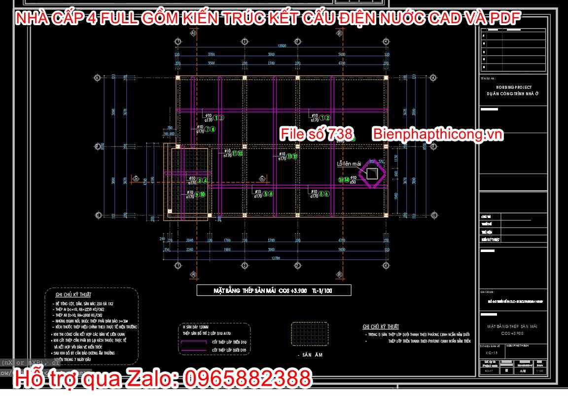 Bản vẽ thép sàn nhà cấp 4 3 ngủ đẹp 8m x 12m.