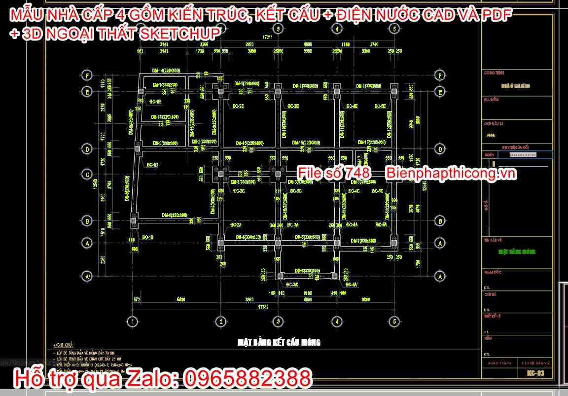 Bản vẽ thiết kế kết cấu móng nhà 1 tầng mái thái 200m2.