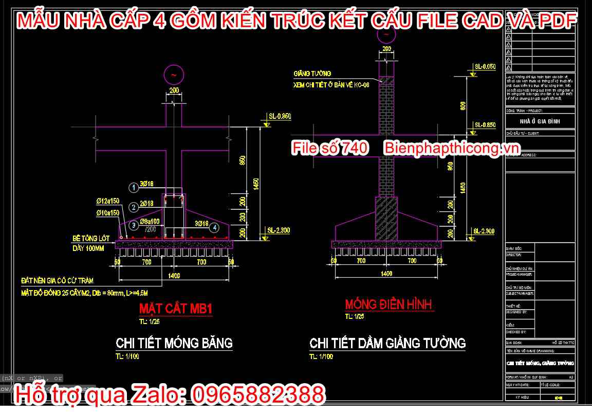 Bản vẽ thiết kế móng nhà cấp 4 cad và pdf.