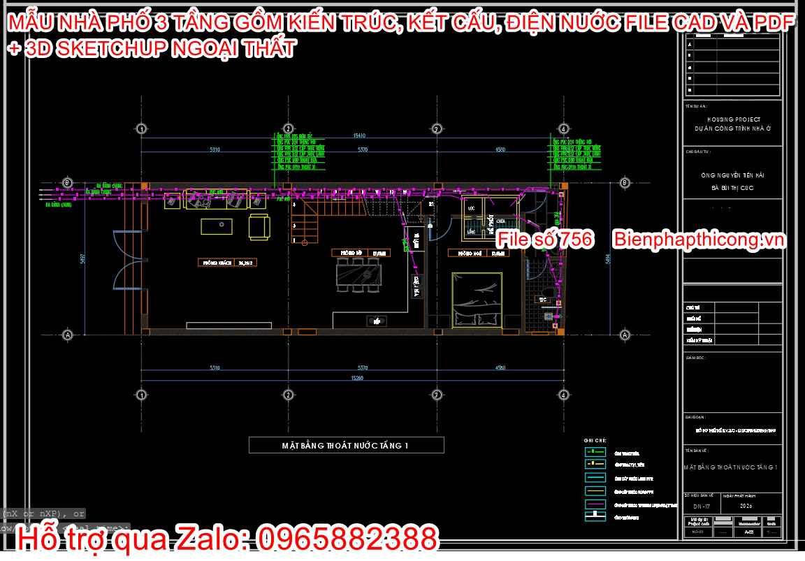 File cad cấp thoát nước nhà phố 3 tầng đẹp.