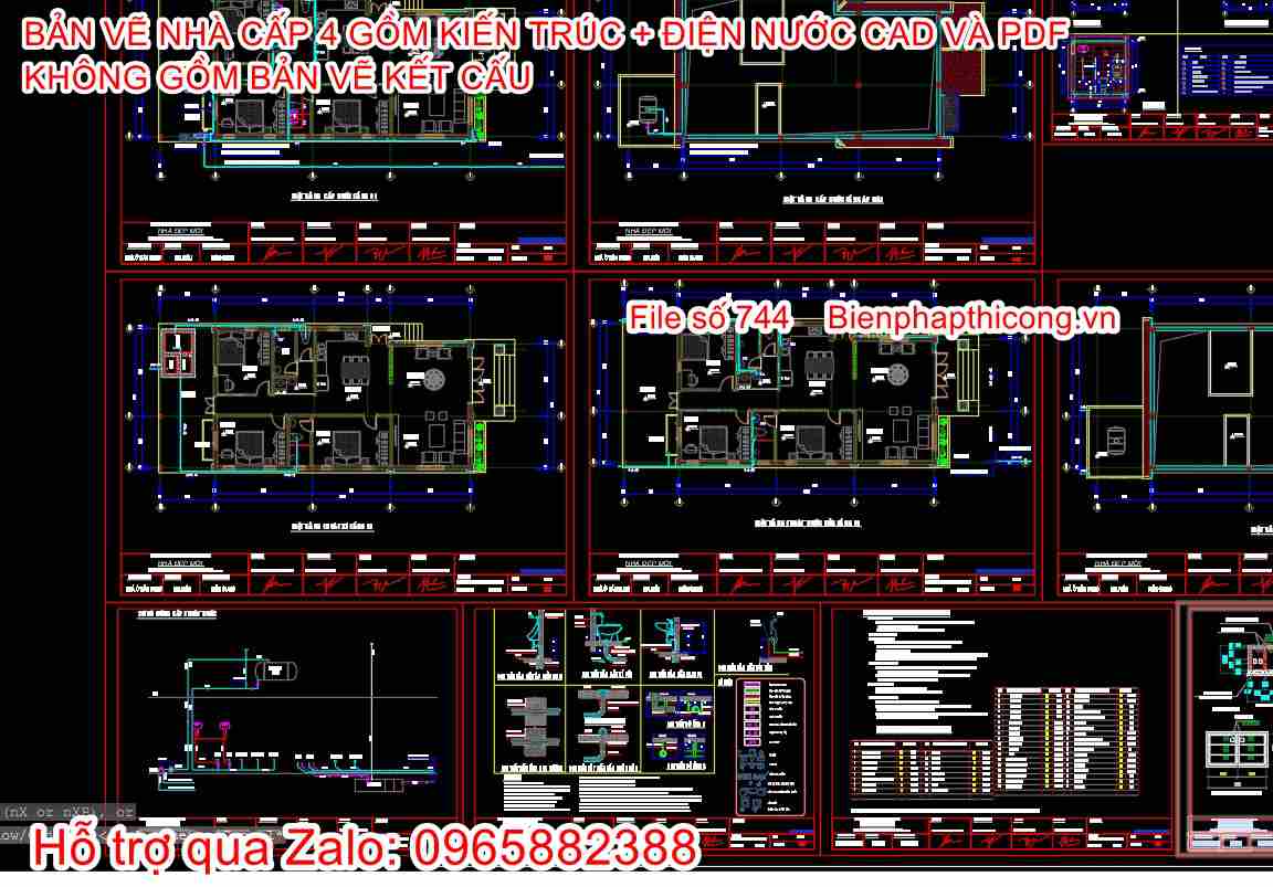 Hồ sơ thi công nhà cấp 4 7,4m x 15m.