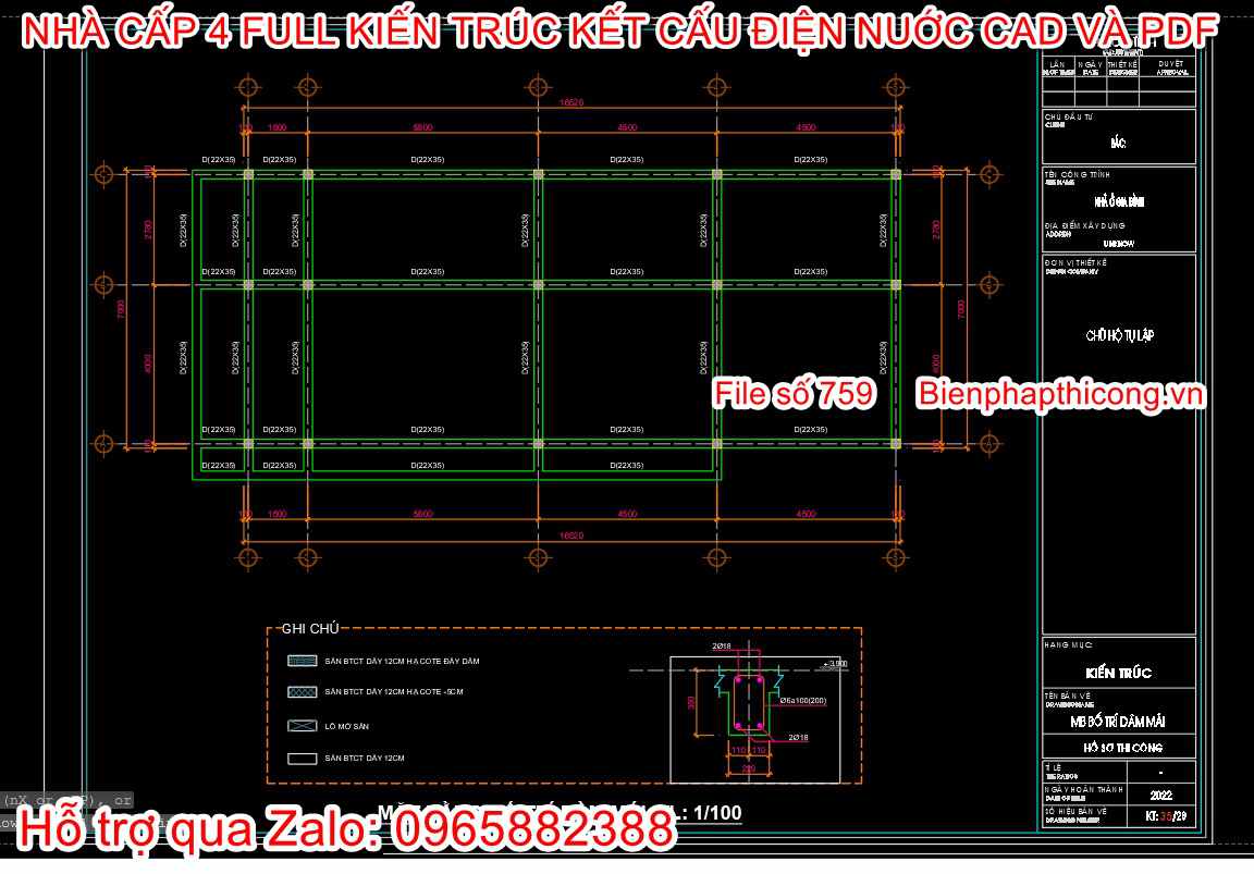 Mẫu bản vẽ kết cấu dầm sàn nhà cấp 4 đẹp 3 ngủ.