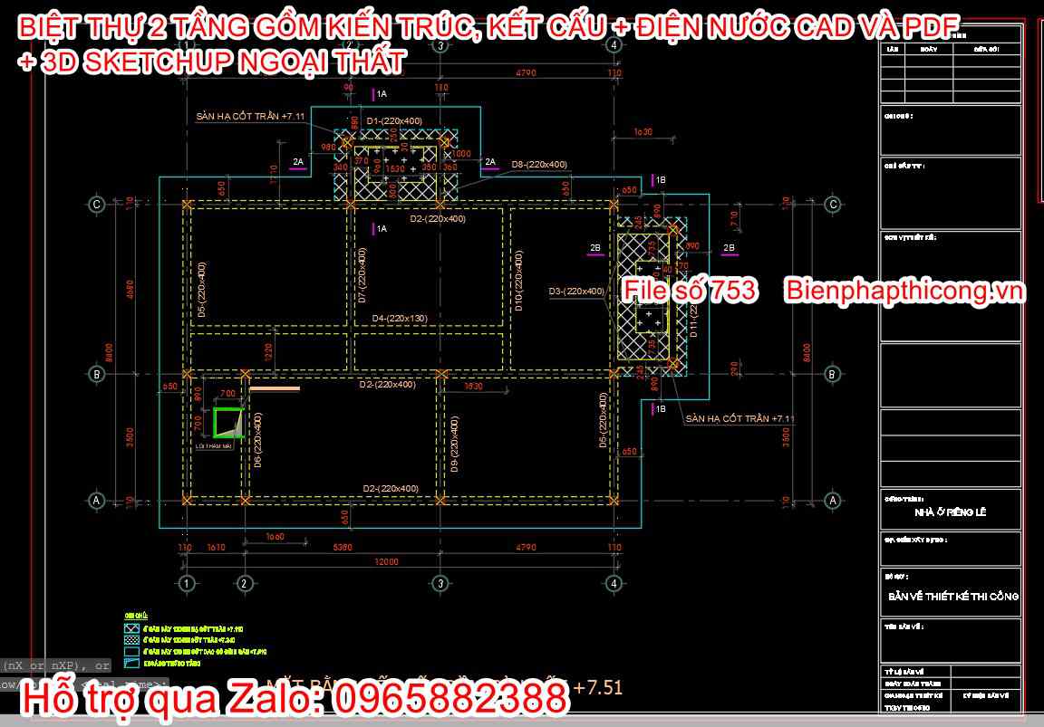 Tải bản vẽ biệt thự 2 tầng full kiến trúc kết cấu điện nước.
