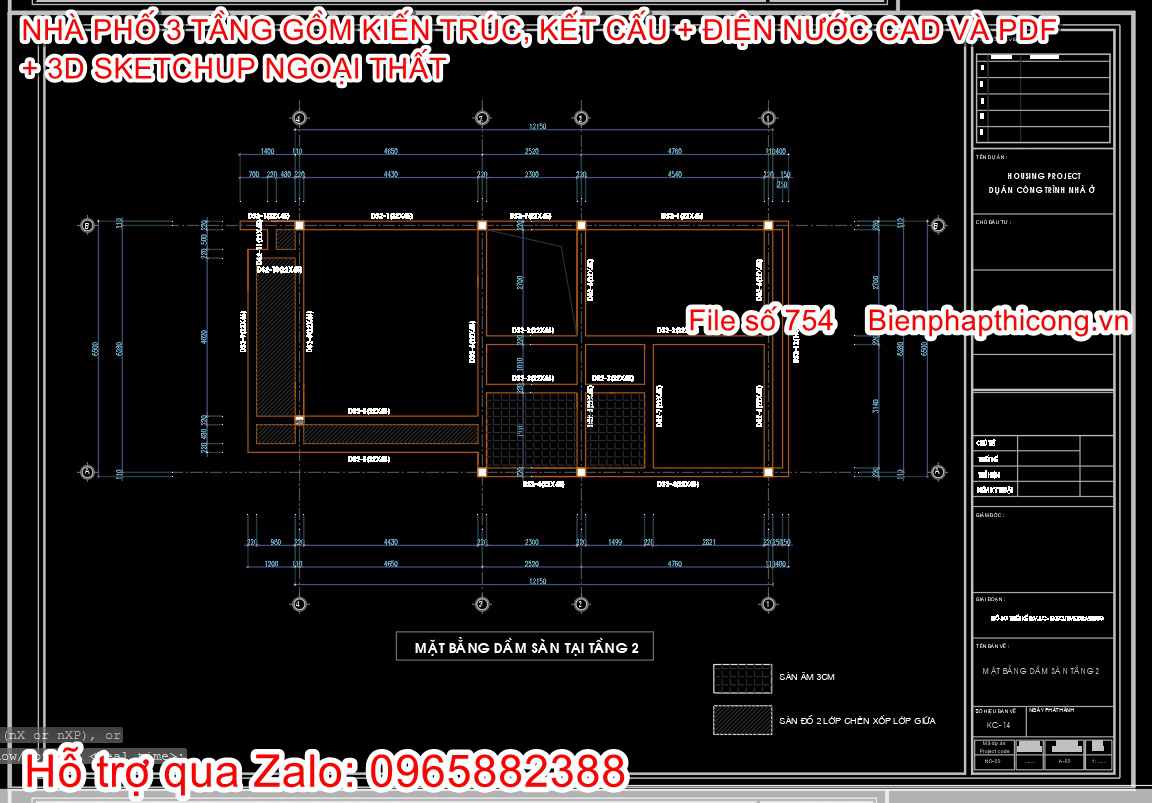 File thiết kế dầm sàn nhà phố 3 tầng cad 6,5m x 12m.