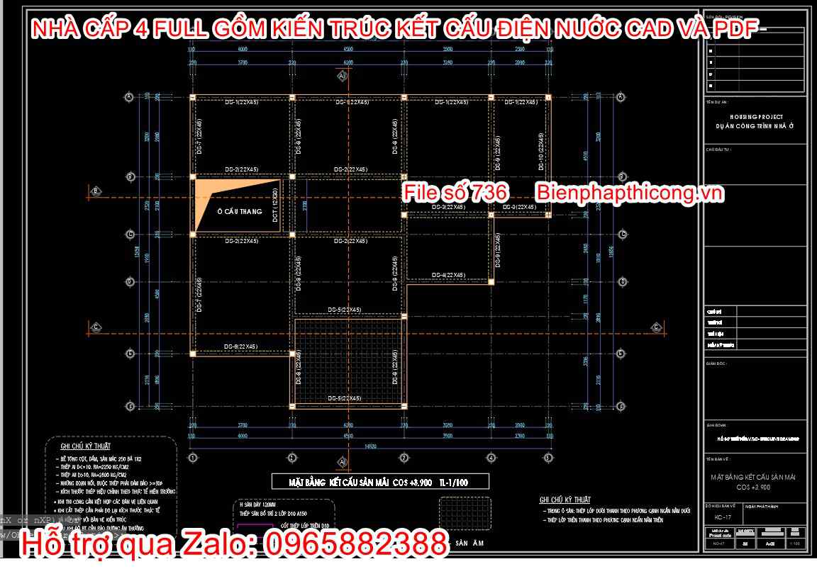 Tải bản vẽ kết cấu dầm sàn mái nhà cấp 4 mái thái 3 ngủ.