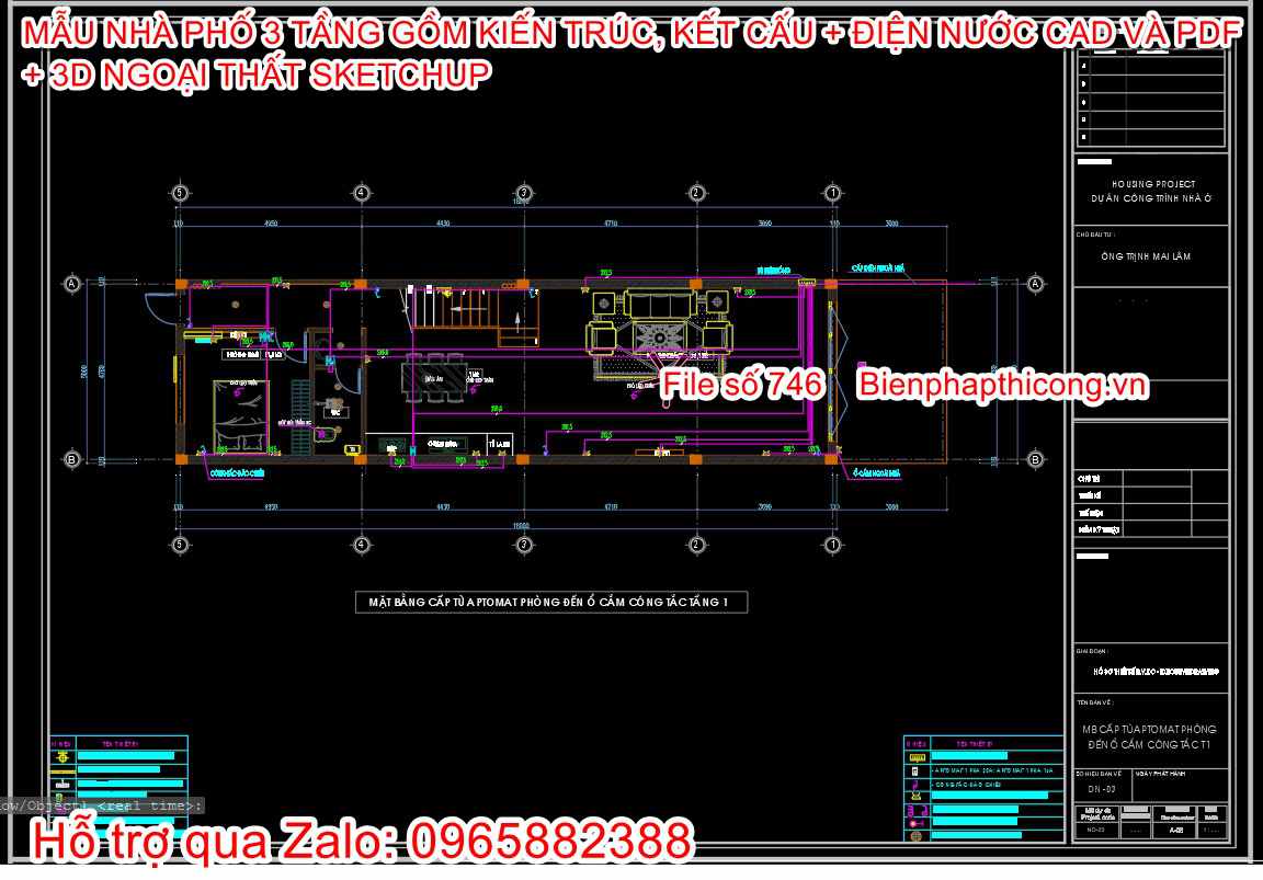 Bản vẽ cấp thoát nước nhà ống 3 tầng 5m x 18m.