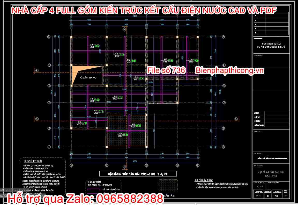 Bản vẽ thép sàn nhà cấp 4 3 ngủ.