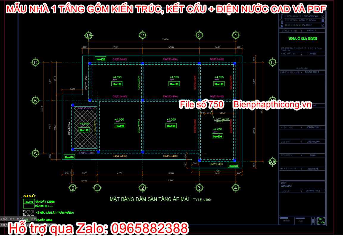 Tải bản vẽ kết cấu nhà 1 tầng mái nhật 3 ngủ.