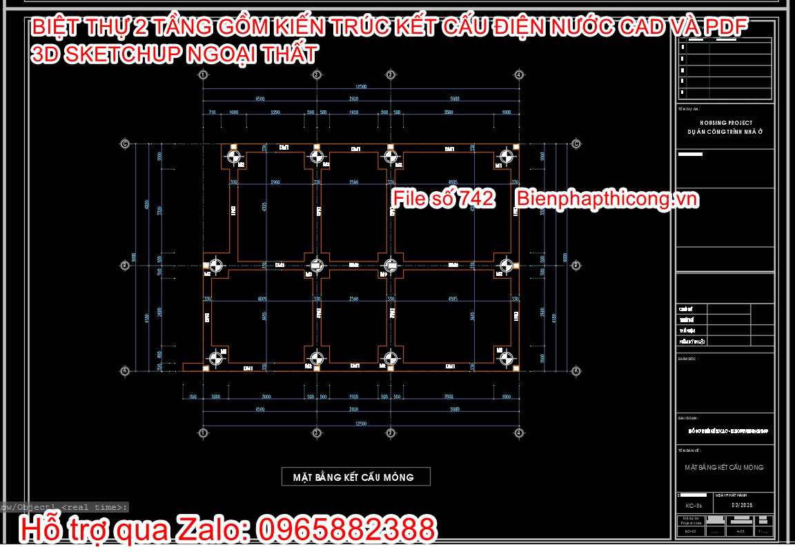 Bản vẽ kết cấu biệt thự 2 tầng mặt tiền 9m x 12,5m.