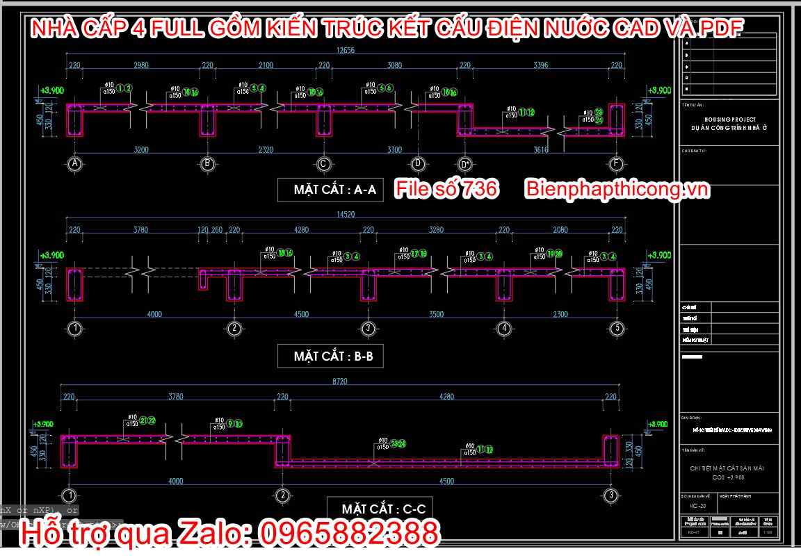 Mặt cắt dầm sàn nhà cấp 4 3 ngủ đẹp.