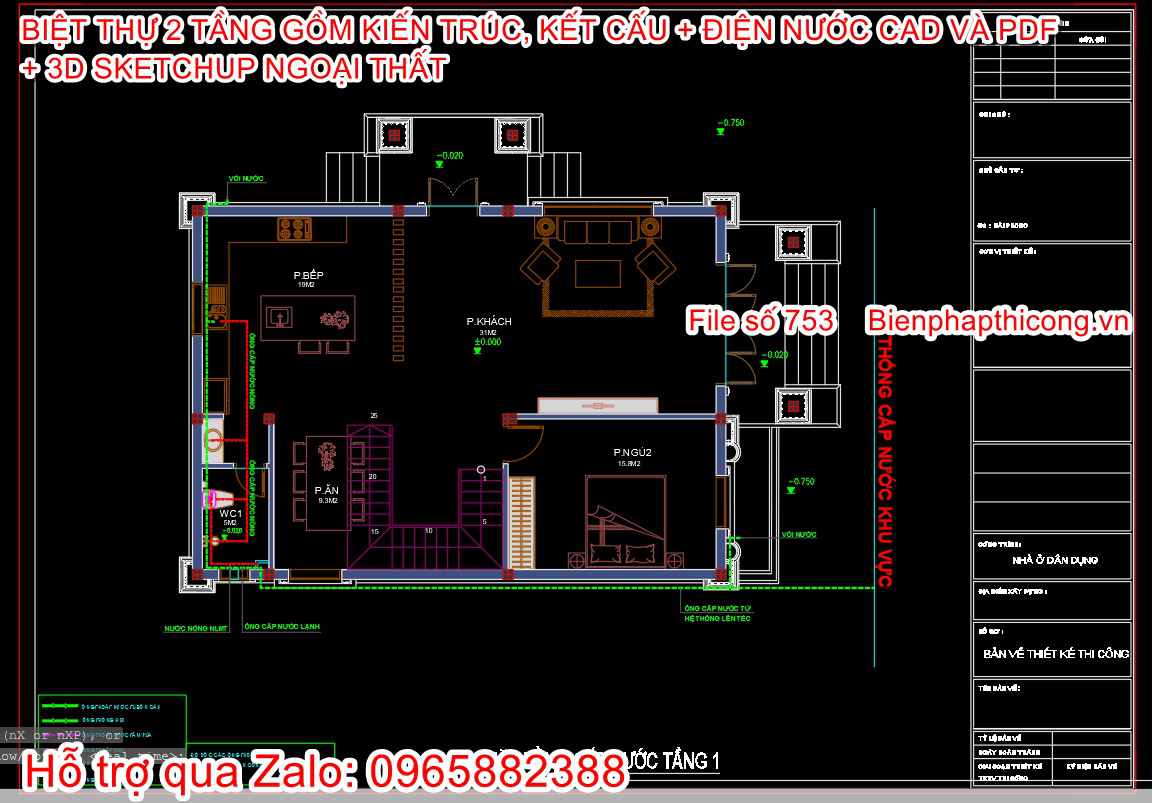 File cad thiết kế mẫu biệt thự 2 tầng tân cổ.