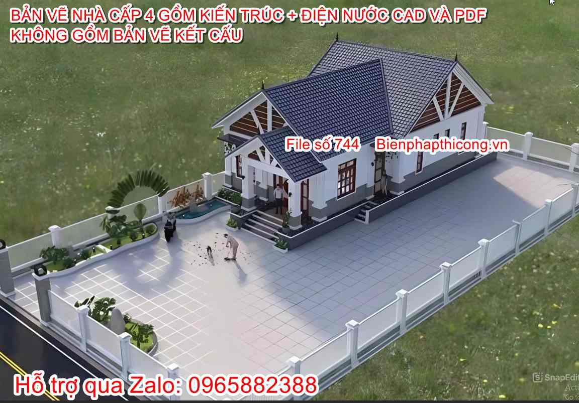 Bản vẽ thiết kế nhà cấp 4 mái thái 7,4m x 15m 2 ngủ.