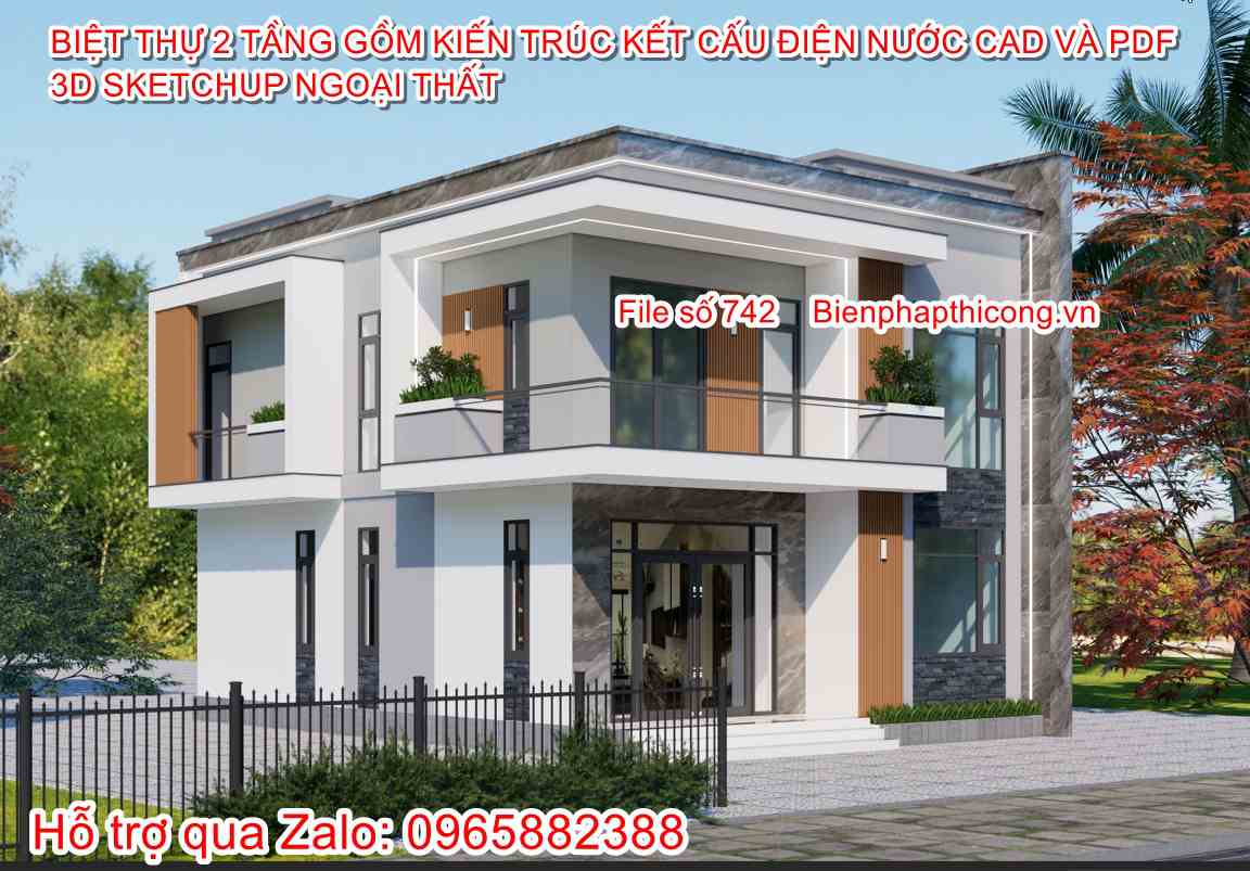 Bản vẽ xây dựng biệt thự 2 tầng rộng 9m x 12,5m đẹp.