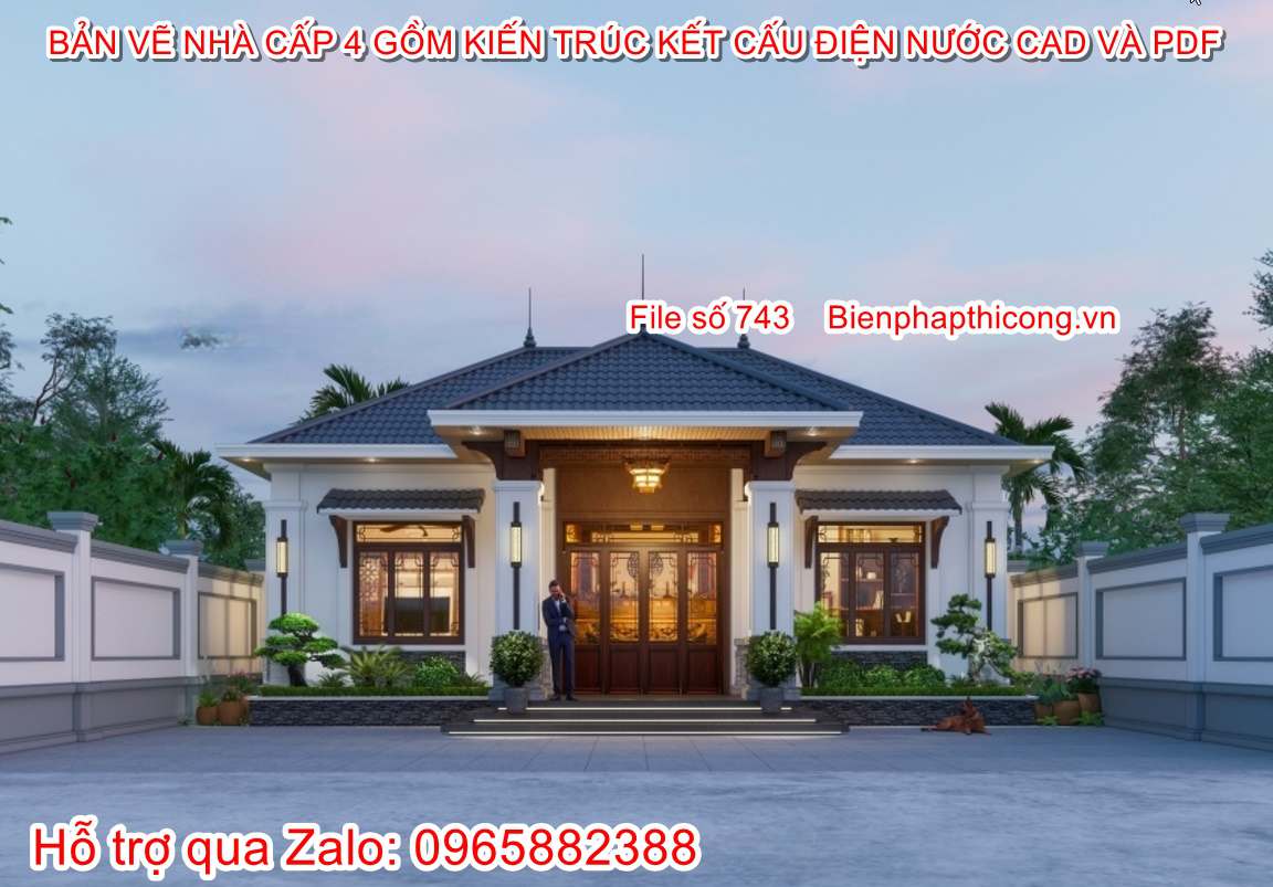 Bản vẽ xây dựng nhà cấp 4 mái nhật 120m2 2 ngủ.