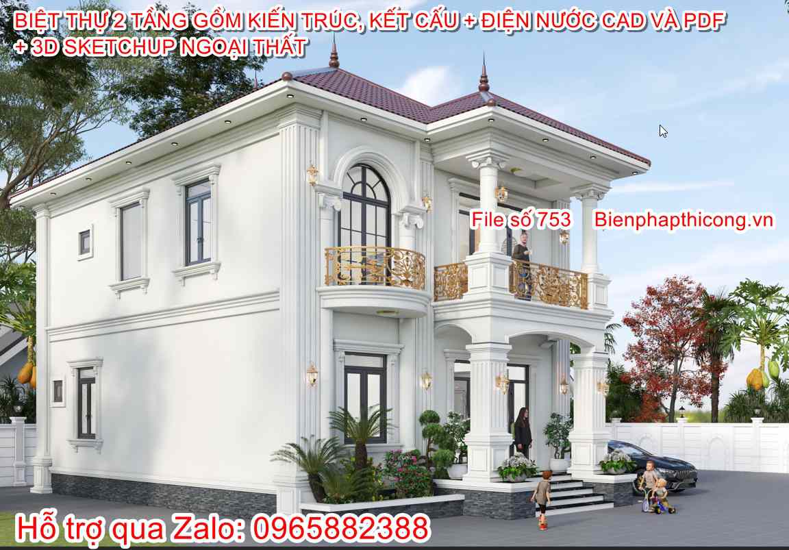 Hồ sơ bản vẽ biệt thự tân cổ 2 tầng 8,4m x 12m.