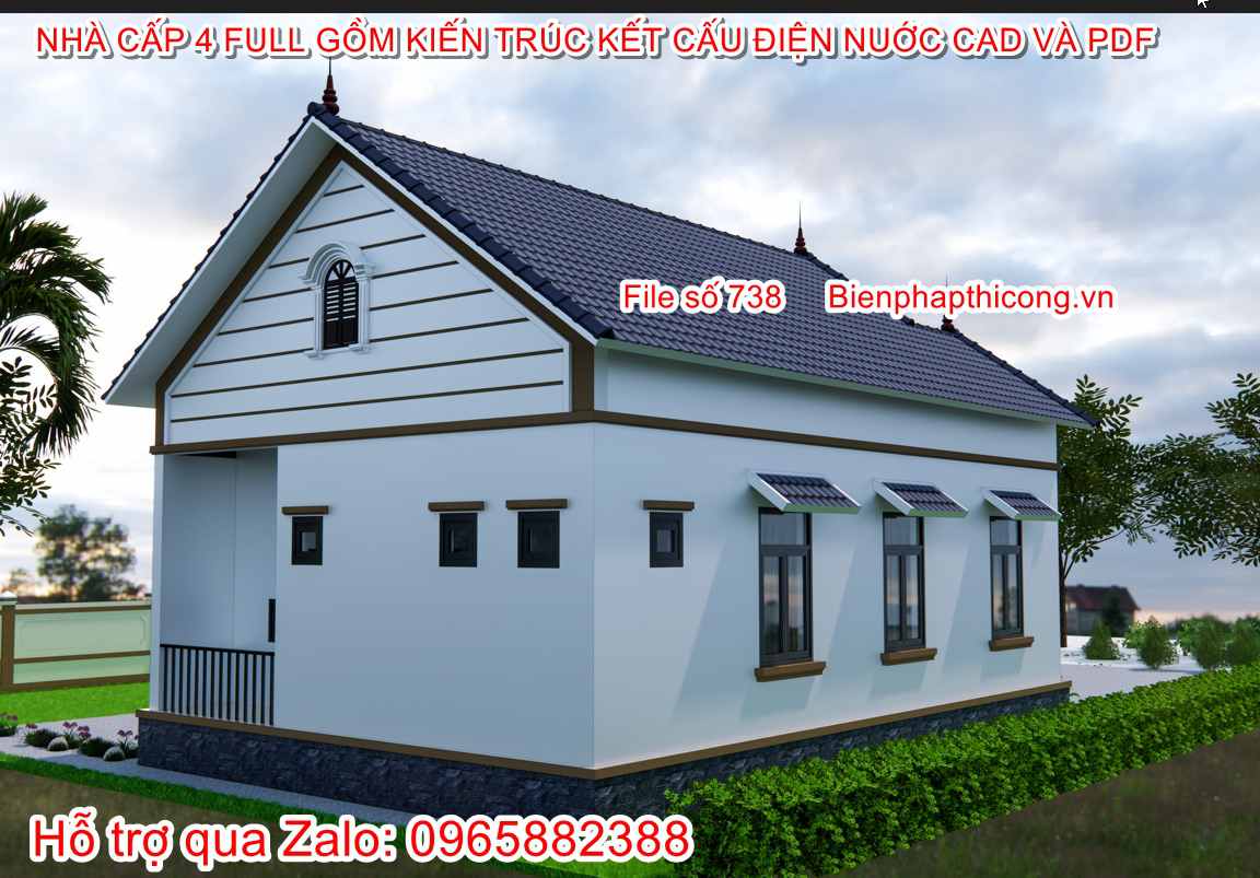 Hồ sơ bản vẽ nhà cấp 4 rộng 8m x 12m 3 ngủ mái thái.