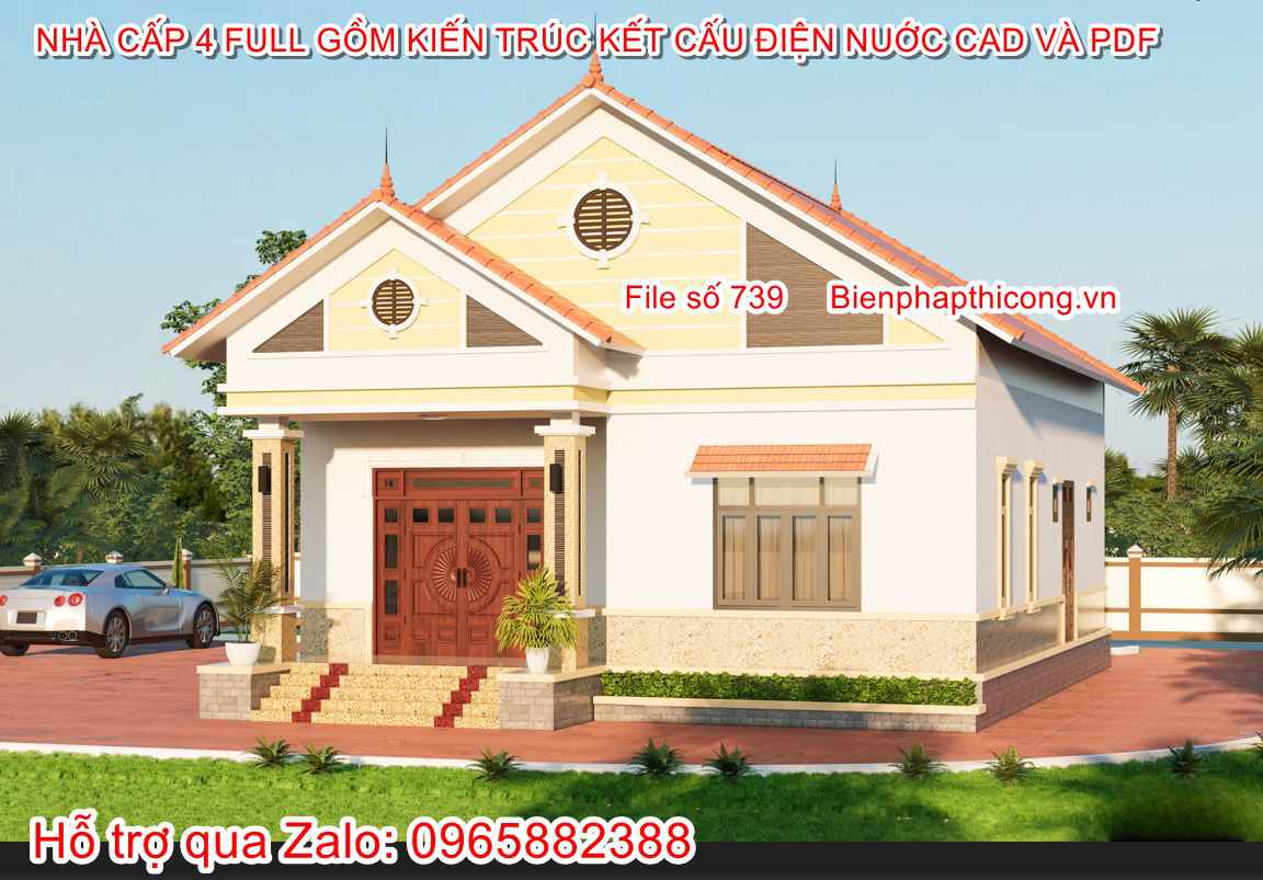 Hồ sơ thi công bản vẽ cad nhà cấp 4 4 ngủ đẹp.