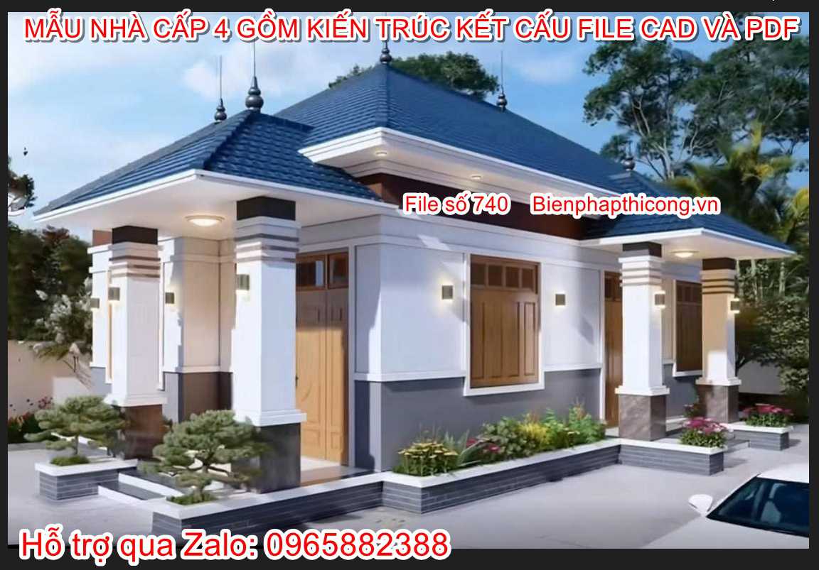 Hồ sơ thi công nhà cấp 4 3 ngủ 7,5m x 15m cad và pdf.