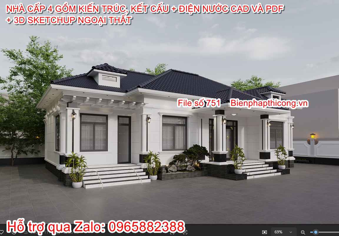 Hồ sơ thi công nhà cấp 4 full mái nhật 4 ngủ đẹp.