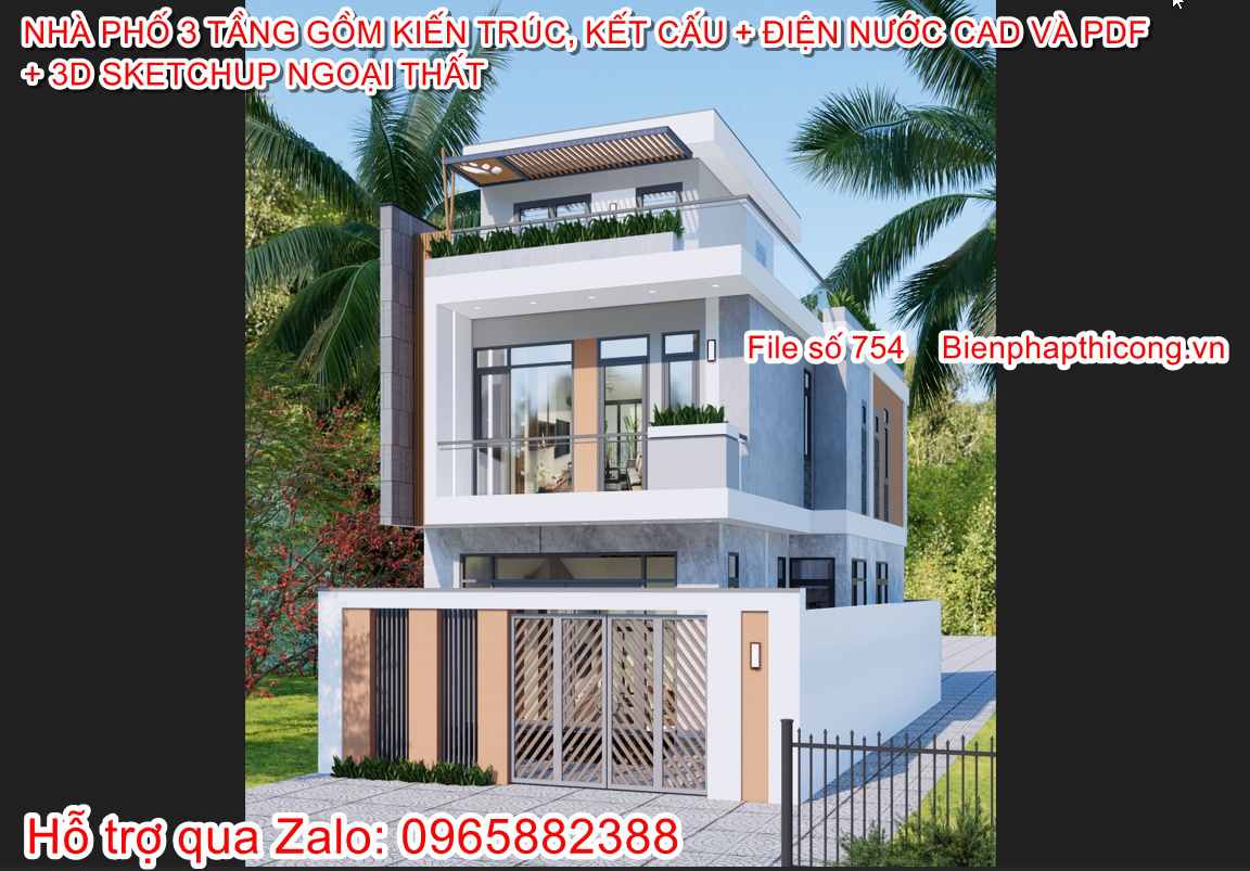 Bản vẽ xây dựng nhà phố 3 tầng cad 6,5m x 12m.