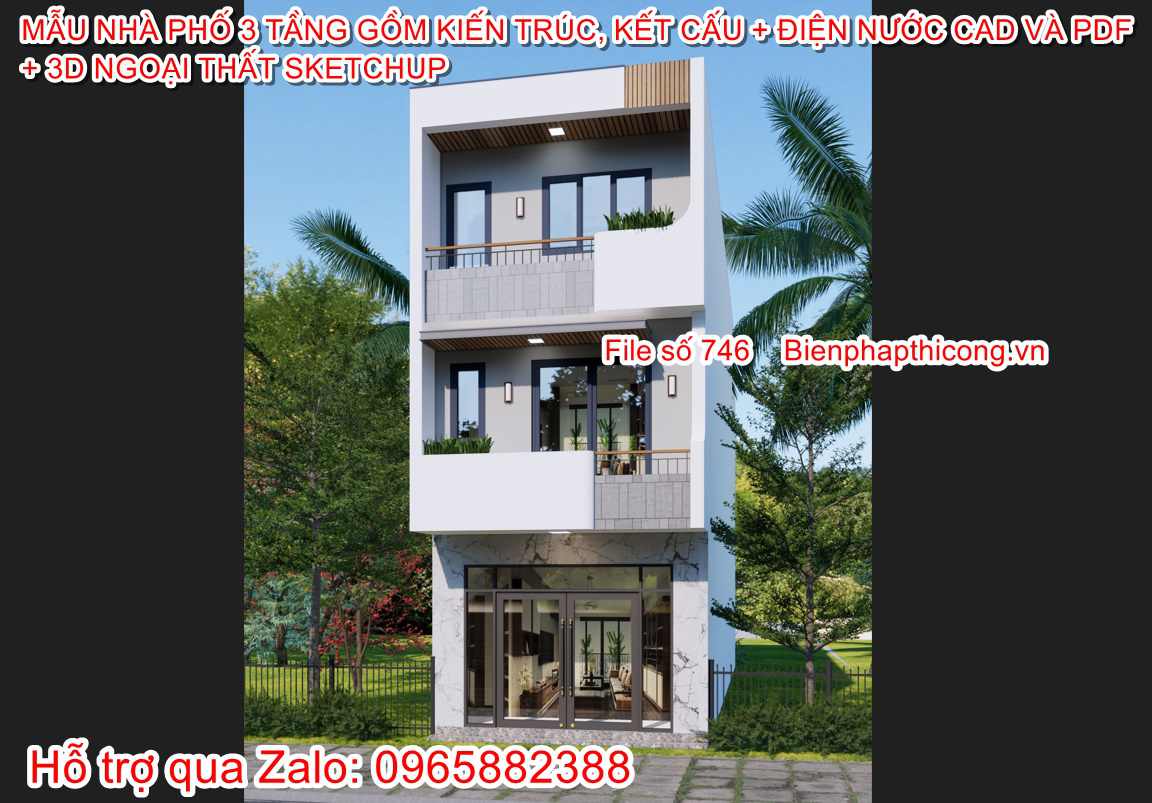 Hồ sơ thi công nhà ống 3 tầng mặt tiền 5m x 18m.