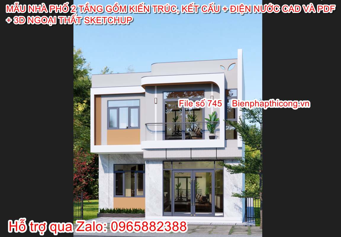 Hồ sơ thi công nhà phố 2 tầng ngang 8,5m hiện đại.